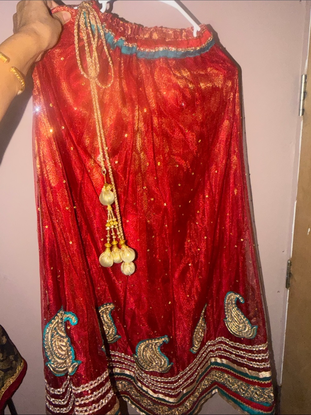 Red and Gold Embroidered Indian Lehenga Set with Teal Accents - Picture 3 of 4